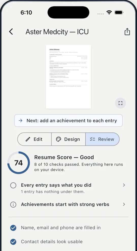 Dossier resume score out of 100 with a list of specific fixes